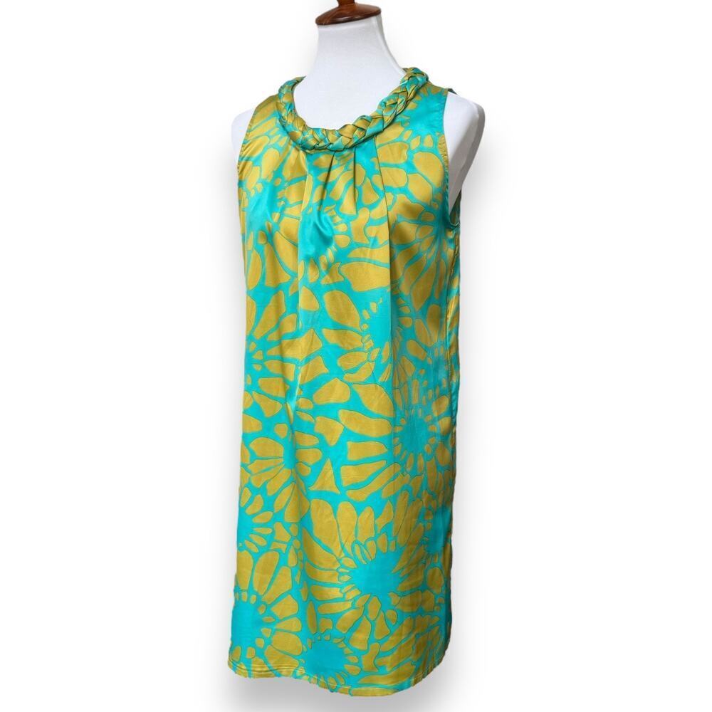 Tracy Negoshian Aqua Chartreuse Flower Satin Sleeveless Shift Dress Size MEDIUM